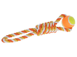 Balle avec corde pour chien coton  orange/jaune  37cm