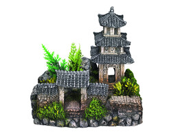 Aqua Ornaments  ASIAN TEMPLE  - w/ plants   18 5 x 14 2 x 17 cm