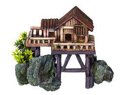 Aqua Ornaments  WOODEN HOUSE  - w/ plants   23 x 12 3 x 17 cm