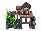 Aqua Ornaments  WOODEN HOUSE  - w/ plants   15 5 x 8 x 12 cm