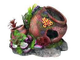 Aqua Ornaments  JAR WITH SHELLS  - w/ plants   17 5 x 13 2 x 13 cm