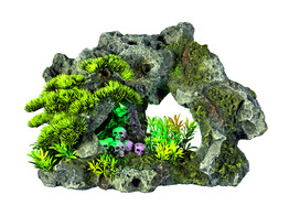 Aqua Ornaments  ROCK WITH SKULLS  w/ plants with LED   30 2 x 18 5 x 20 8 cm