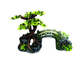 Aqua Ornaments  BRIDGE WITH BONSAI  with plants   20 3 x 9 0 x 14 0 cm