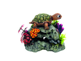 Aqua Ornaments  TURTLE ON ROCK  with plants   13 5 x 8 5 x 10 7 cm