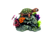 Aqua Ornaments  TURTLE ON ROCK  with plants   13 5 x 8 5 x 10 7 cm