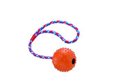 Rubber ball with nops  bell and rope   7 cm