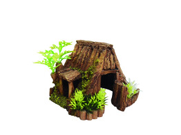 Aqua Ornaments  WOODEN CAVE  with plants   14 x 13 7 x 10 5 cm