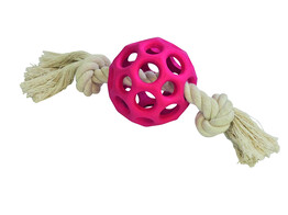 Balle ajouree en caoutchouc avec corde   display 16 pcs  ball 7 cm  rope 25 cm