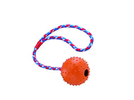 Rubber ball with nops  bell and rope   7 cm